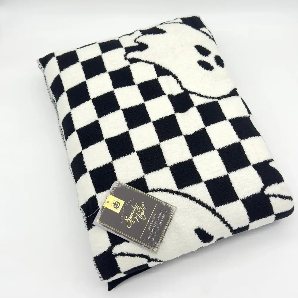 Spooky Night Checkerboard Ghost Throw Blanket Halloween Black Off White NEW